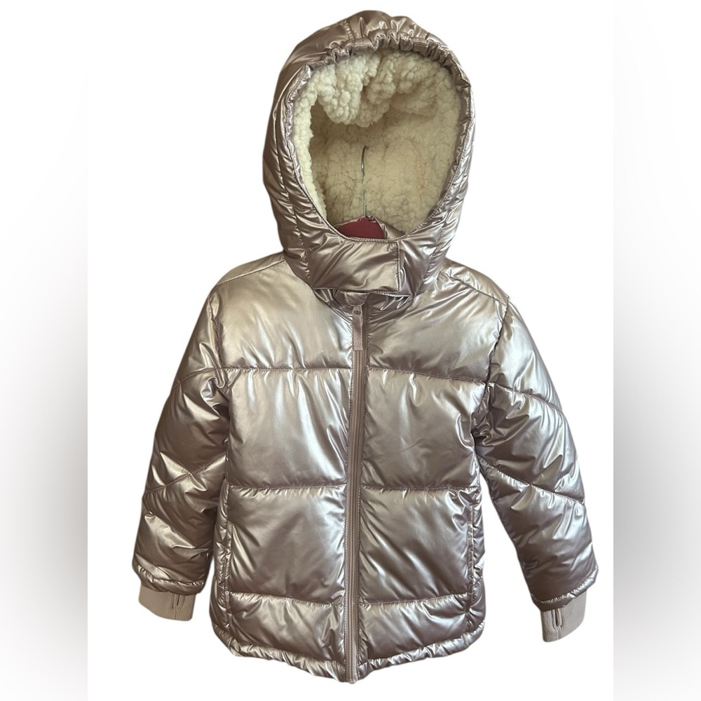 Thereabouts Girls Metallic Puffer Winter Coat Sherpa Hood Rose Gold XS 6/6X